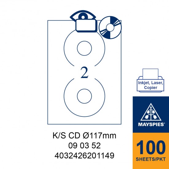 MAYSPIES 09 03 52 LABEL FOR INKJET / LASER / COPIER 100 SHEETS/PKT WHITE DIA.117MM KING SIZE CD LABEL